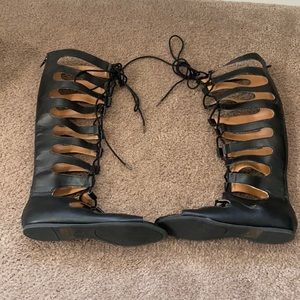 Women’s black knee high laced gladiator sandals
